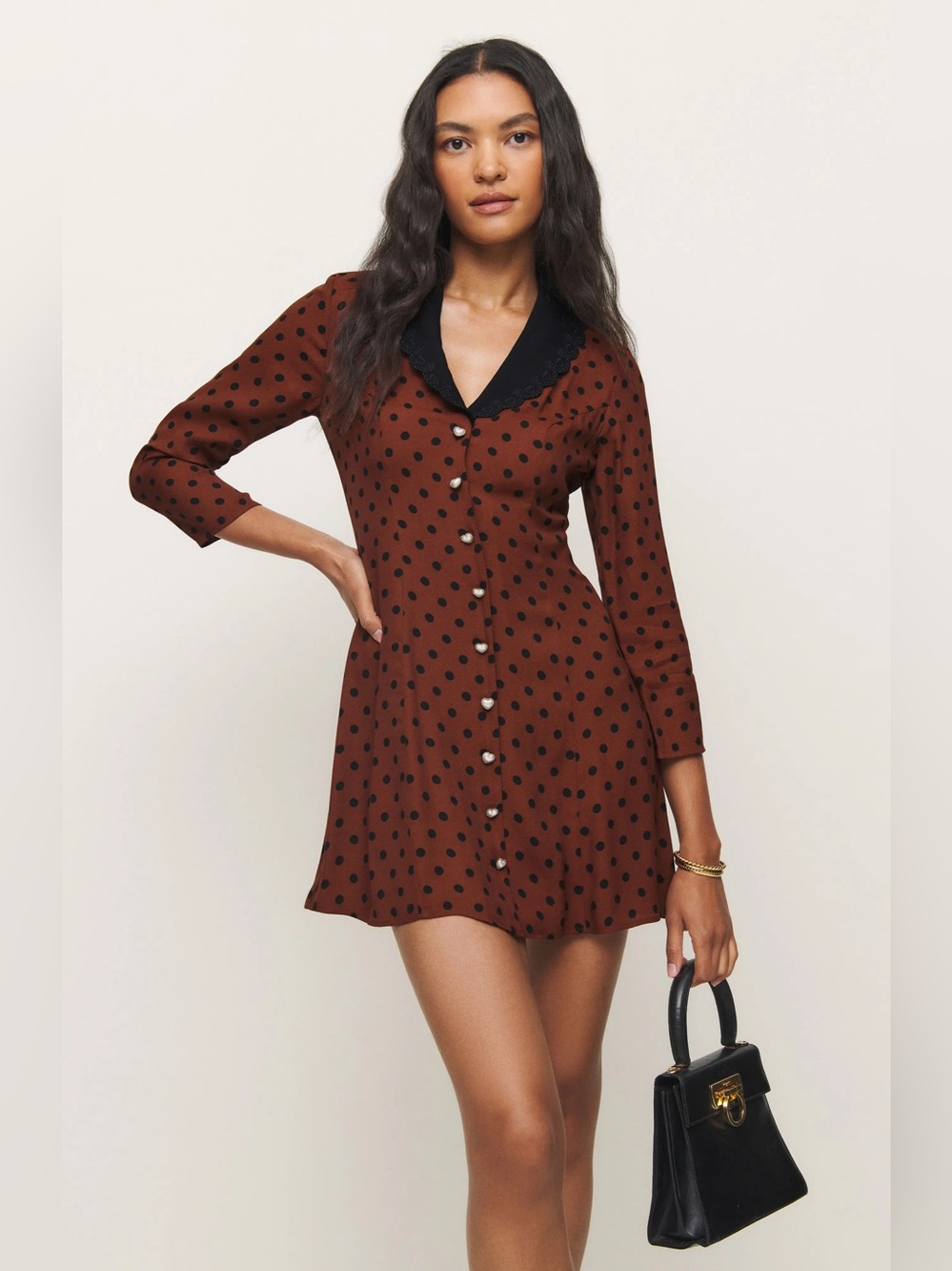 Reformation Galene Mini Dress 10 Fig Jam Polka Dot Heart Button Cottagecore Boho